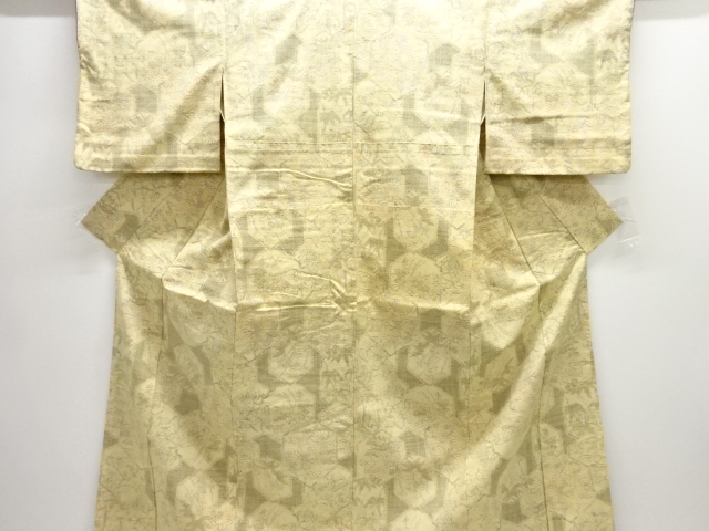 亀甲に草花模様織り出し手織り紬単衣着物